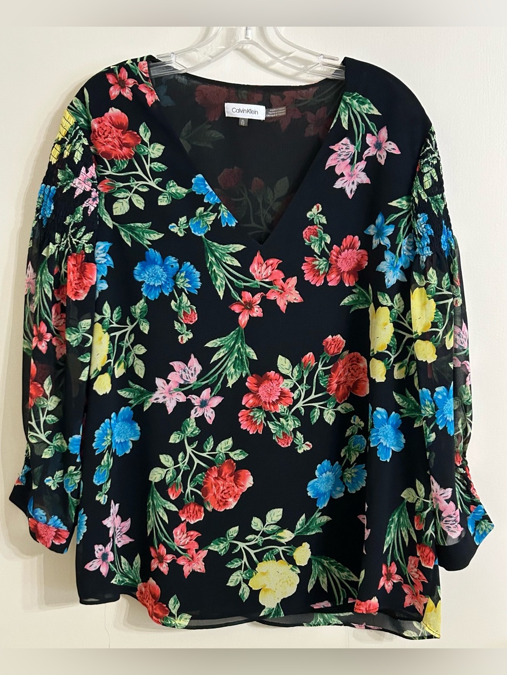 Calvin Klein Black Floral V-Neck Peasant Blouse